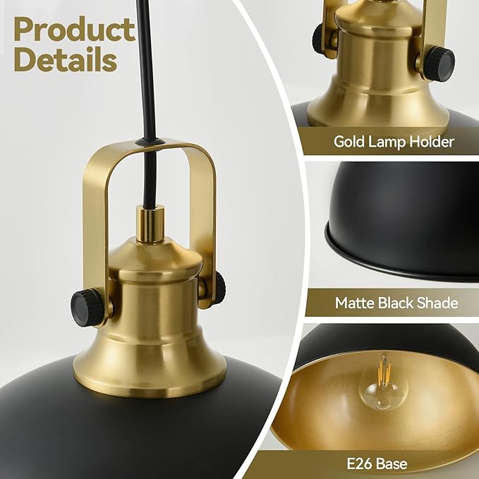 12 Inch Black Farmhouse Pendant Lights for Kitchen Island Industrial Pendant Lighting Adjustable Height Vintage Dome Hanging Light Fixtures for Barn, Dining Room