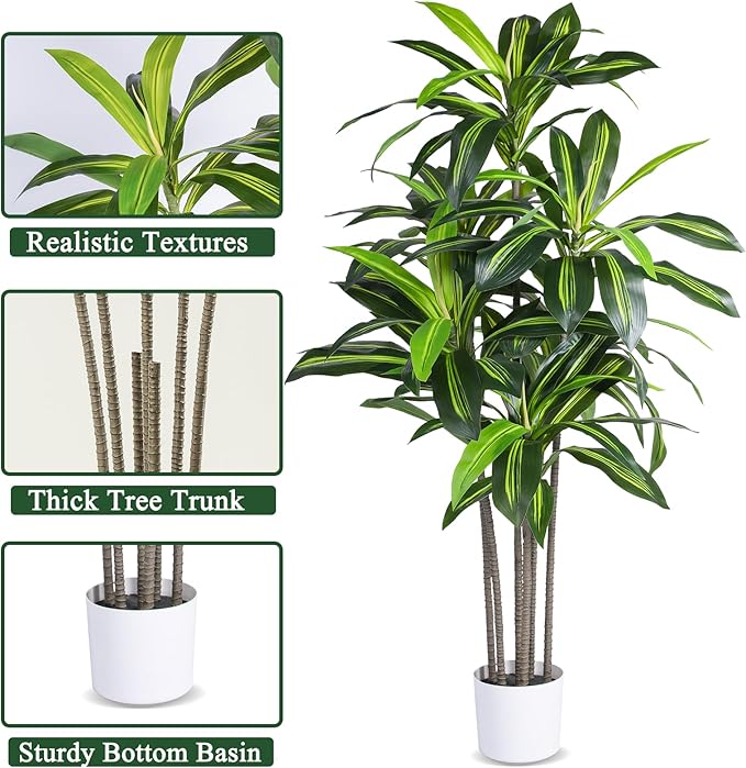 Artificial Dracaena Tree Indoor, 5FT Tall Faux Tree with Natural Wood Trunk and Lifelike Leaves, Tall Artificial Plants Indoor, Fake Plants for Home, Office, Living Room Decor