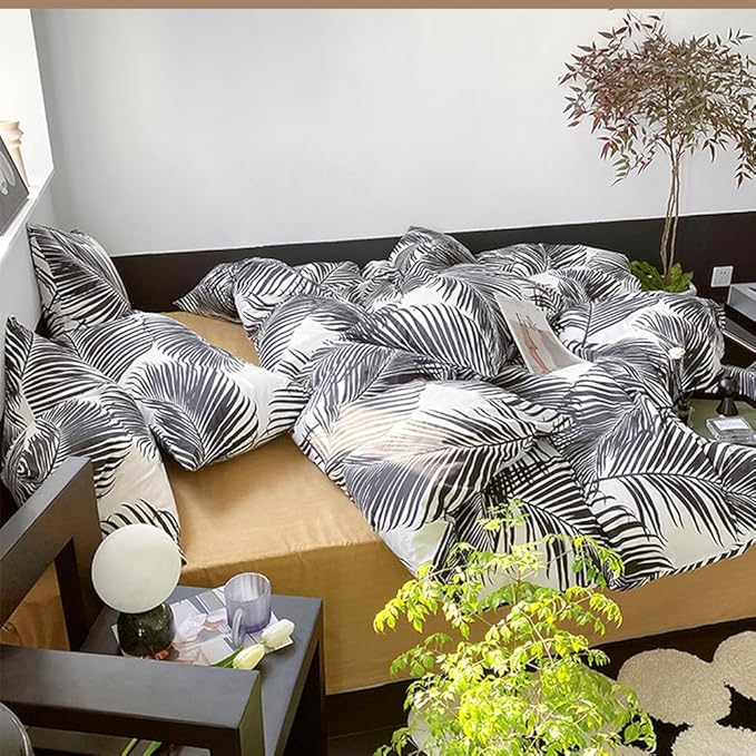 Pureant Boho Black Botanical Bedding Set - Full Comforter, Feather Quilts, Rustic Palm Leaves, Tropical Bohemian Black Floral Pattern