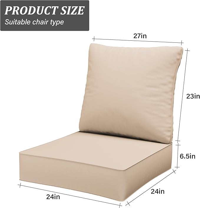 Outdoor Seat Cushion Set 24 x 24 x6.5 Inch Splash-Proof & Fade Resistant Patio Furniture Cushions with Removable Cover Deep Seat & Back Cushion with Straps for Chair Sofa Couch