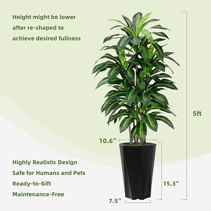 Artificial Dracaena Plant Indoor 5FT Fake Tree with Mocha Diamond Planter Faux Yucca Tall Fake Floor Plant Potted Artificial Trees for Home Office Living Room Decor Indoor