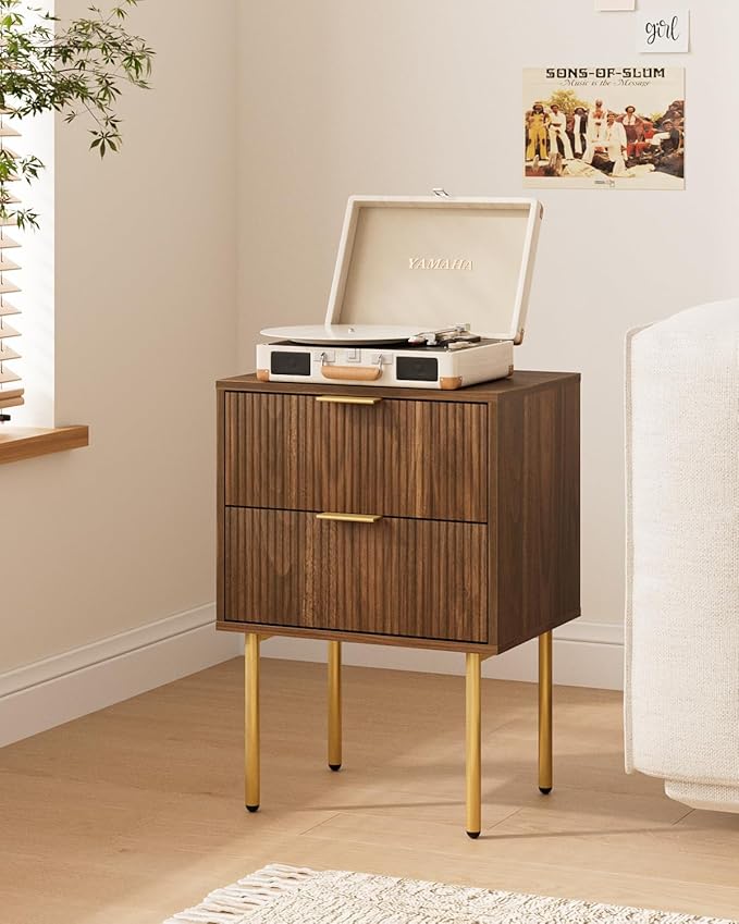 Nightstand,Morden Bedside Table with Gold Frame,Small White Night Stand,End Table,Bedside Furniture,Side Table with Drawer and Shelf for Bedroom,Living Room (2Drawers, Walnut Brown)