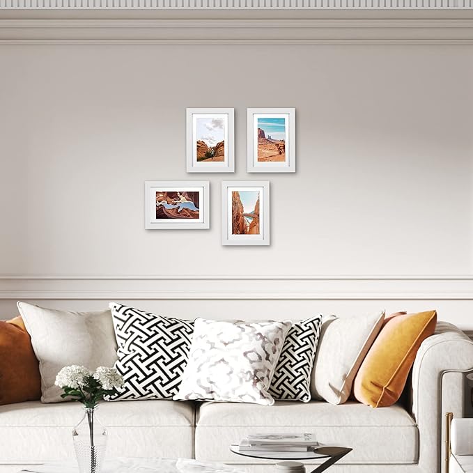Giftgarden 4x6 Picture Frame Set of 4 White Wood Grain Frames for 4x6 Photos with Mat or 5x7 Without Mat, Wall or Tabletop Display