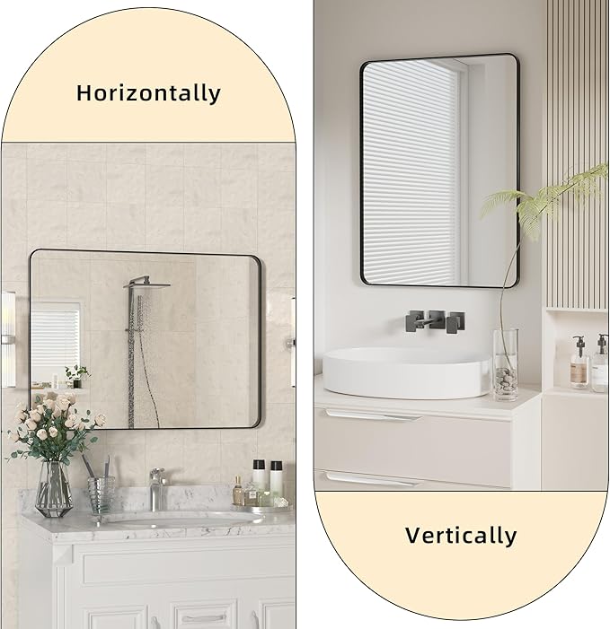 30x22 Bathroom Vanity Mirror for Wall, Aluminum Framed, Farmhouse Rectangle, Anti-Rust, HD Reflection Anti-Desilvering, Distortion Free, Tempered and Shatter-Proof Wall Mounted Mirror, Black