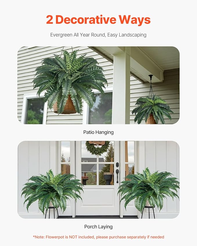VEVOR Artificial Ferns 2 Pcs, 47 Inch Large Artificial Boston Ferns Plants, Faux Fern with 50 Branches, Artificial Plants Large for Outdoors/Indoor Home, Office,Garden (Flowerpot Unincluded)