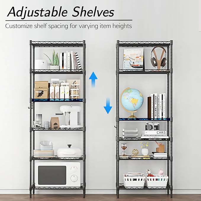 Homdox 6-Tier Storage Shelf Wire Shelving Unit Free Standing Rack Organization Adjustable Leveling Feet, Stainless Side Hooks, Black