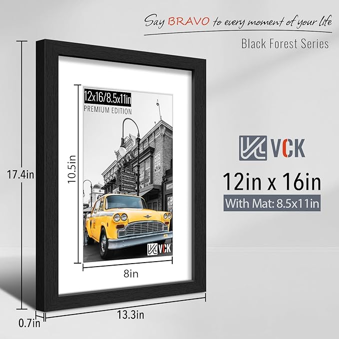 VCK 12x16 Picture Frame 2 Pack - Black, High-End Wood Poster Frames with Tempered Glass, Display 8.5x11 Photo with Mat or 12x16 without Mat, Art Gallery-Quality, Wall Hanging, Black