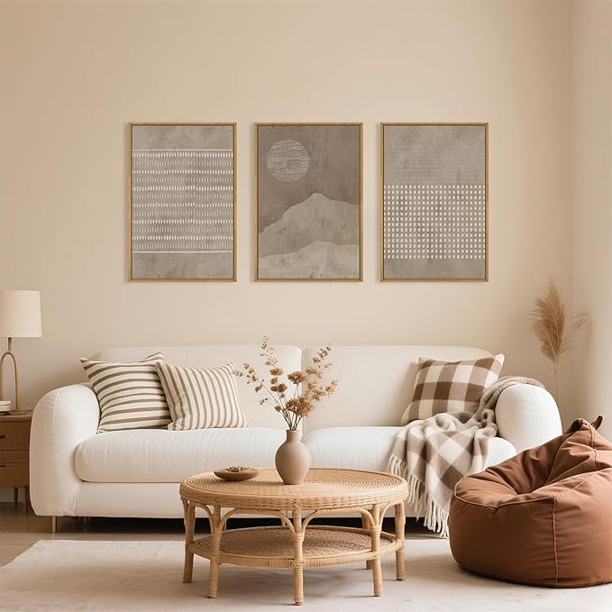 Aryroi Large Mid Century Tan and Beige Framed Canvas Wall Art,Neutral Lines Dots Wall Decor,Abstract Sunset and Mountain Artwork,Boho Textured Shapes Art Print for Living Room,Bedroom,Office-24"x36"x3