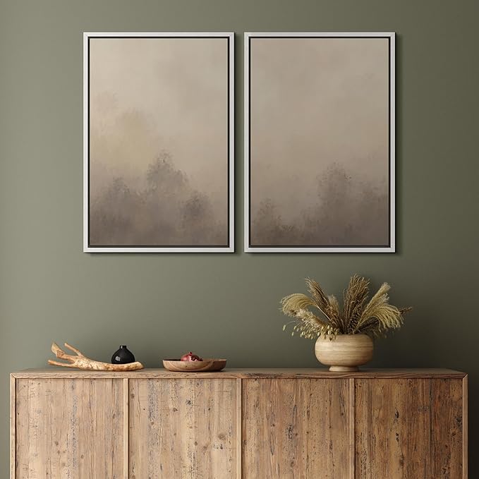 MUDECOR Framed Canvas Print Wall Art Set Neutral Misty Forest Illustrations Modern Art Decorative Bohemian Zen for Living Room, Bedroom, Office - 24"x36"x2 White