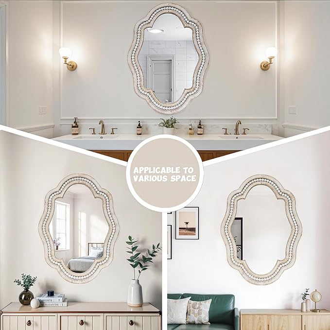 Decorative Bathroom Mirror with Elegant Scalloped Design, Stylish Wall Mirror, White Trim Wood Beaded Accent, Vintage Mirror for Bathroom, Entryway, or Bedroom