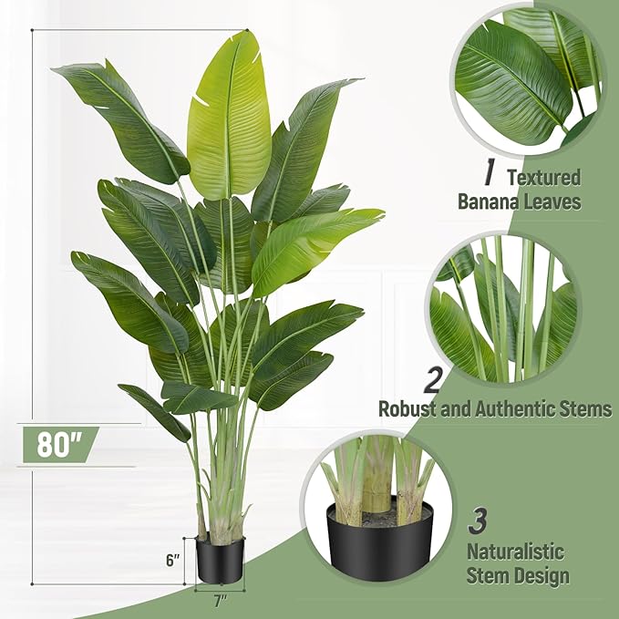 Lifelike Bird of Paradise Artificial Plant,6.6ft Faux Banana Leaf Tree with 15 Trunks - Perfect Indoor Silk Floor Plant for Home Decor in Living Room, Office, and Bedroom