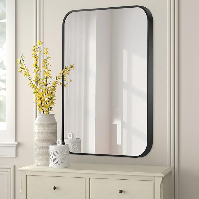 FARMER 48x30 Inch Black Bathroom Mirror, Brushed Rectangle Vanity Mirrors for Wall, Metal Frame Wall Mirror, Vanity Mirror with Round Corner for Bedrooms, Entryways, Living Rooms, Horizontal/Vertical