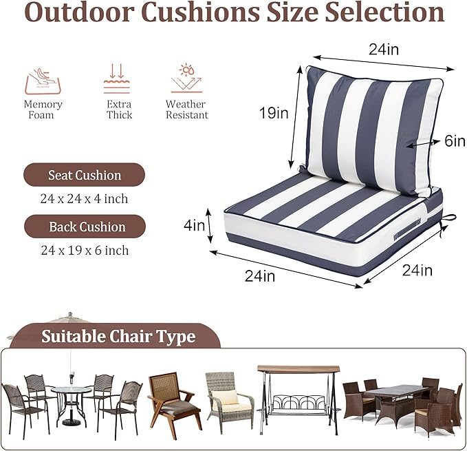 Outdoor Deep Seat Cushions for Patio Furniture Set of 2, Waterproof Outdoor Chair Cushions 24 x 24 x 4'' Patio Furniture Cushion with Fade Resistant Removable Cover, Handle & Strapsr, Blue Stripe