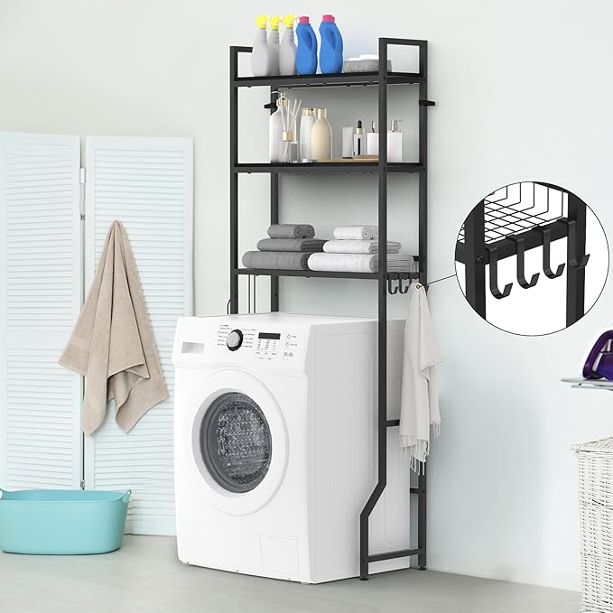 Over The Toilet Storage 3 Tier Over Toilet Bathroom Organizer Wooden Bathroom Space Saver Freestanding Above Toilet Stand with 4 Hooks Black Over The Toilet Rack for Restroom, Laundry