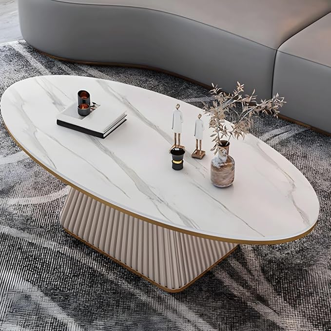 RUNNUP Oval Stone Coffee Table Modern Side End Table for Coffee Dinning Living Room Kitchen, Small Stand Contemporary Design Home Furniture Marble Table for Couch, 51" L x 28" W x 18" H White