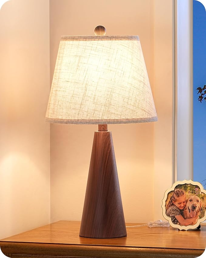 EDISHINE 21.85" Boho Table Lamp, Farmhouse Bedside Lamp, Water Transfer Red Wood Grain Metal Base, Beige Linen Shade, Rustic Nightstand Light for Living Room, Bedroom, Office, E26 Base
