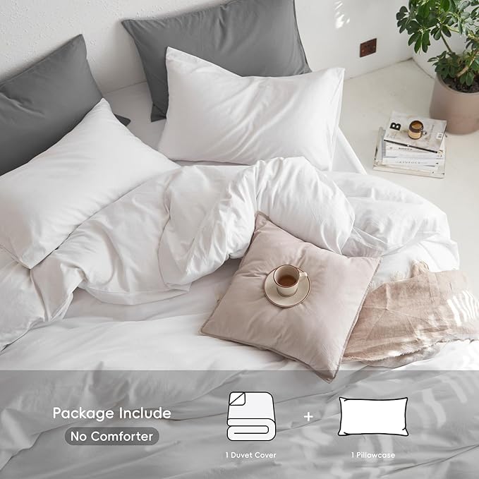 MooMee Twin Duvet Cover Set, 100% Washed Cotton Linen Like Twill Thick Sturdy Material Super Soft Breathable Durable Bedding for All Season, 2 Pieces (Bright White, Twin 68"x90")