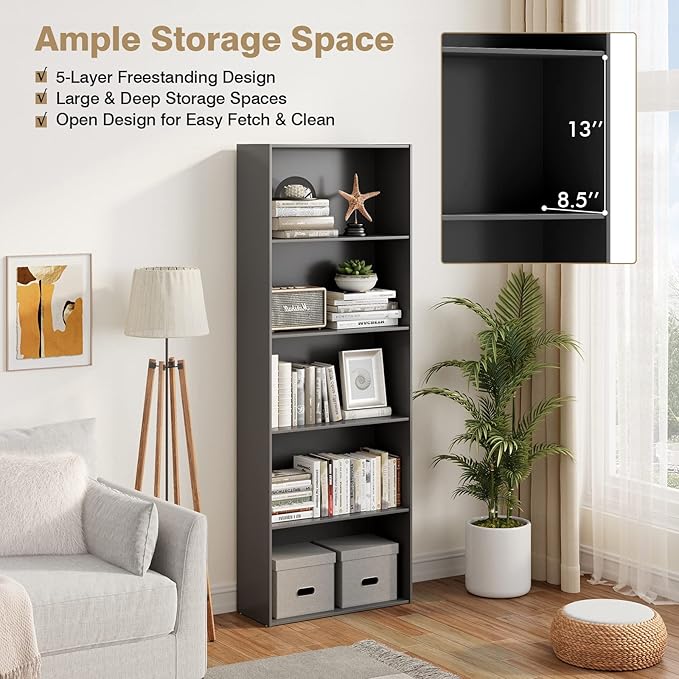 Tangkula 5-Tier Bookcase, 67” Tall Freestanding Bookshelf with 5 Open Shelves, Anti-Toppling Kits, Floor Display Storage Organizer for Living Room, Study, Kitchen, Home & Office (Black, 67" H)