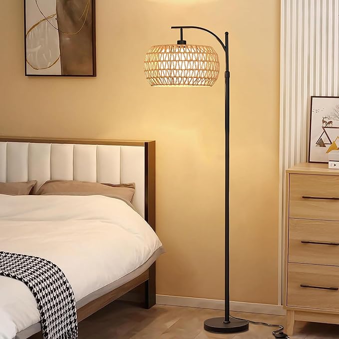 Arc Floor Lamps for Living Room Rattan Boho Floor Lamp with Remote Control,Dimmable LED Floor Lamp Wicker Lamp Shades Black Standing Lamp with 3 Color Temperature Tall Floor Lamps For Bedroom Corner