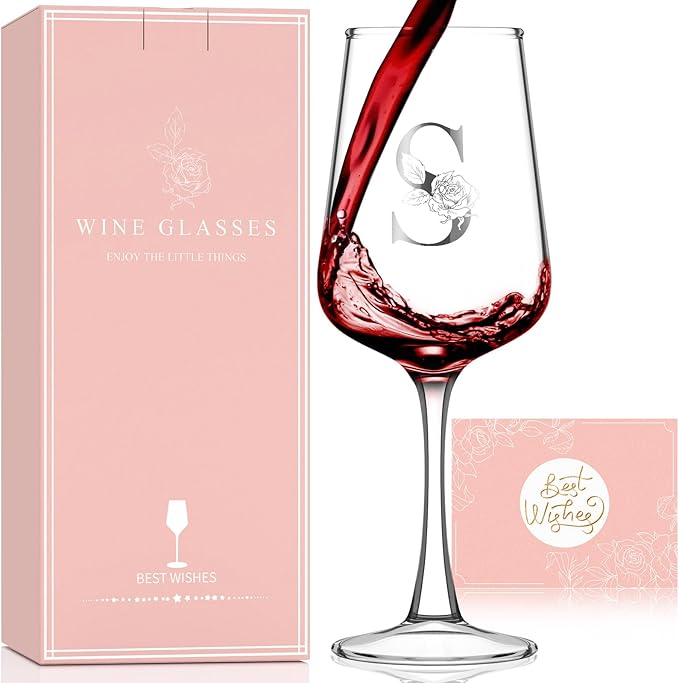 Monogrammed Wine Glass Gifts for Women - Personalized A-Z Wine Glasses with Gift Box & Greeting Card | Custom Mothers day, Anniversary, Birthday Gifts for Her, Mom, Wife, Best Friend, Sister,Woman (S)
