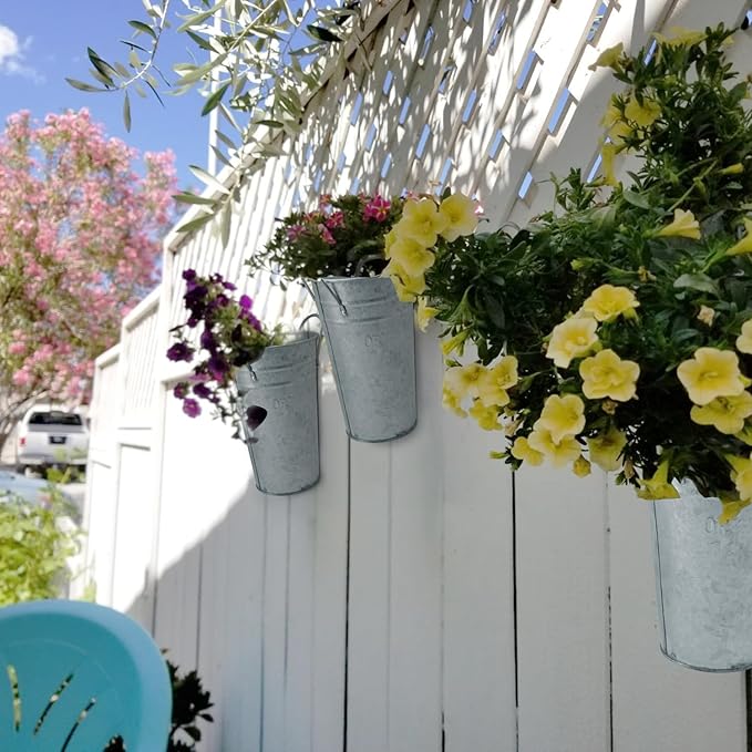 5 Packs 7.87 Inch Tall, Galvanized Metal Vases with Handles, Rustic Tall Flower Buckets for Cut Flowers, Country Wedding, Table Centerpiece Decorations, Vintage Style Flower Containers