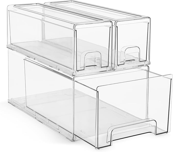 Sorbus 1 Large & 2 Small Clear Stackable Storage Drawers – Plastic Organizer Bins with Handles – Stackable Pull-Out Storage Drawers for Closet, Pantry, Office, Bathroom, Craft, and Toy Organization