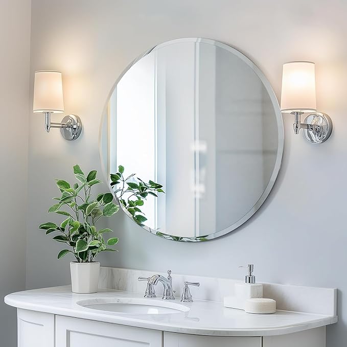 KOHROS Round Bathroom Mirror 32" x 32" Large Circle Mirror for Bathroom, Frameless Beveled Edge Mirror for Wall, Anti-Rust, Tempered Glass, Hallway & Home Decor (Silver)