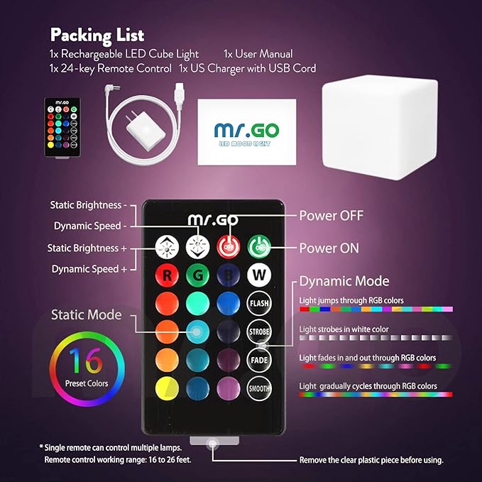 Mr.Go Rechargeable LED Color-Changing Light Cube 8", Dimmable Soothing Mood Lamp with Remote, 16 RGB Colors 4 Modes, Waterproof Cube Lights for Home Patio Party Accent Ambient Decorative Lighting