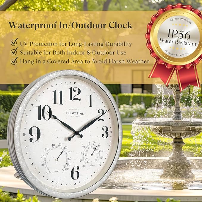 Presentime & Co 16" Farmhouse in/Outdoor Clock with Thermometer&Hygrometer as All in One Weather Station, Galvanized Décor, Wall Art and Timepiece for Farmhouse Decoration, Light Galvanized Finish