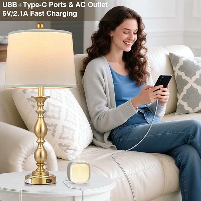 28" Tall Modern Table Lamps Set of 2 with USB C+A Ports and AC Outlet, 3 Way Touch Metal Bedside Lamps for Living Room, Gold Farmhouse Nightstand Lamps for Bedroom