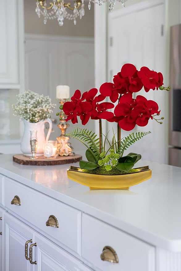 Briful Orchid Artificial Flowers 17" Silk Red Orchid Floral Arrangement with Gold Pot Real Touch Faux Orchid Plant for Home Office Room Kitchen Table Centerpiece Shelf Decor