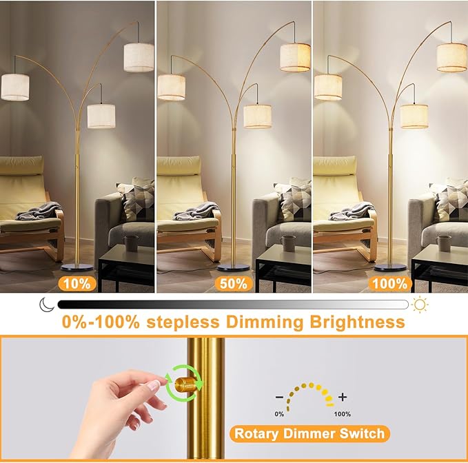 DLLT Modern Floor Lamp for Room: 3-Light Gold Tree Dimmable Floor Lamps with Beige Shades for Living Room - Arc Standing Lamp for Bedroom - Tall Floor Lamp for Office Corner 3 LED Bulbs Included
