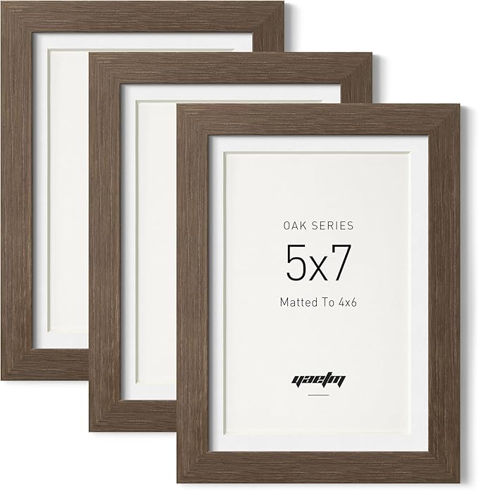 Yaetm 5x7 Picture Frame with Mat for 4x6 – Brown Walnut, Rustic Solid Wood Frame 5 x 7 with Tempered Glass for Art Print & Picture, Display on Tabletop & Wall (3 Pack, Walnut)
