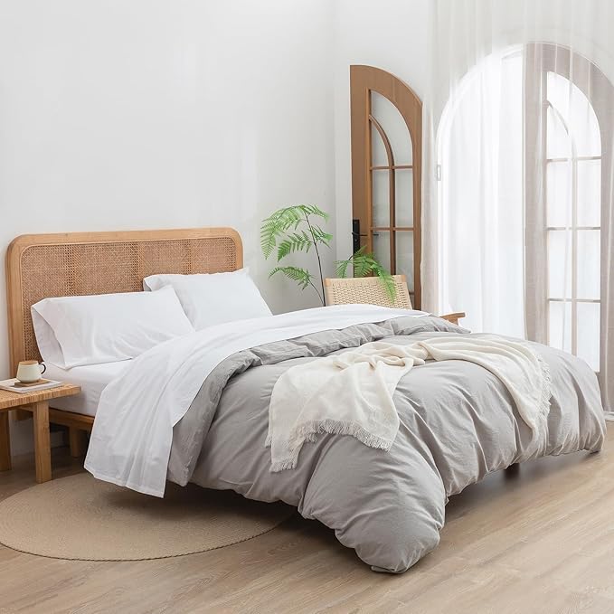 BESTOUCH Sheet Set 100% Washed Cotton Linen Feel Super Soft Comfortable Chic Lightweight 4 Pcs Home Bedding Set Solid Bright White Queen