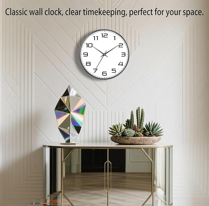 Modern Wall Clocks Battery Operated - 12 inch Silent Non Ticking Quartz Analog Clock with Large Easy Read Numbers, Tempered Glass Decorative Wall Clocks for Living Room Bedroom Kitchen Gym