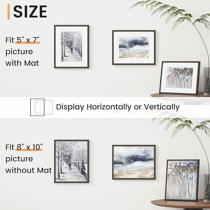 8x10 inch Metal Picture Frame - 8 x 10 Thin Aluminum Photo Frames with 5x7 Removable Mat - High Definition Plexiglass - Ideal for Wall or Tabletop Display - Wall Hook Hanging Hardware Included - Black, Set of 4