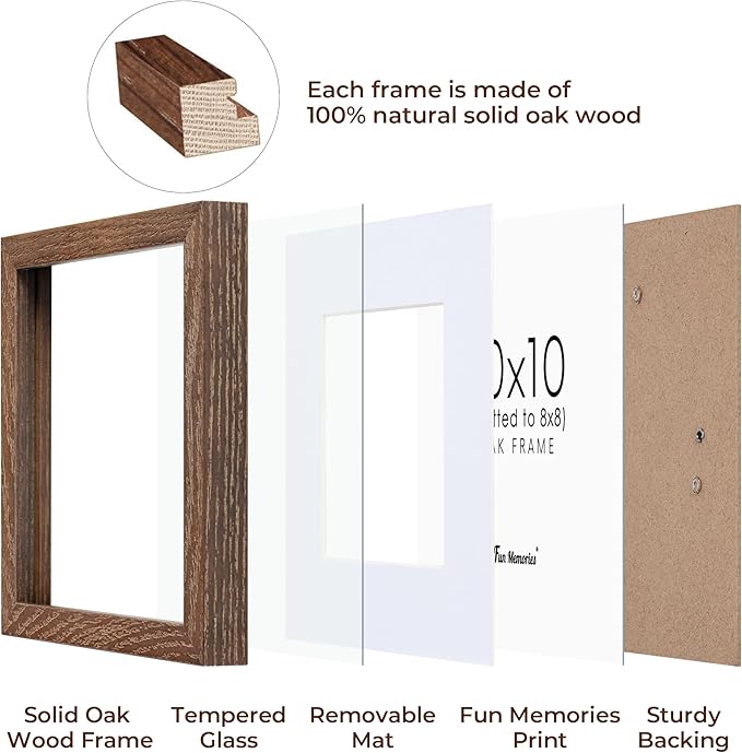 10x10 Picture Frame Set of 2, Solid Oak Wood Frame 10 x 10, 10 by 10 Wood Frames for Wall, 10x10 Picture Frame with Mat for 8x8, Square 10"x10" Photo Frames Real Glass, Walnut Color, 2 Pack