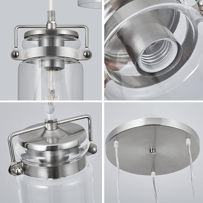 Pendant Lighting for Kitchen Island, Modern Glass Pendant Light Linear Chandelier for Dining Room Industrial 3 Light Hanging Light Fixture Adjustable Cord Farmhouse Ceiling Light Brushed Nickel Finish
