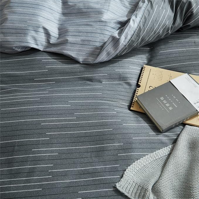 VM VOUGEMARKET 100% Natural Cotton Striped Duvet Cover Set,Gray Stripes Pattern Printed Comforter Cover for Boys Men,Reversible Modern Simple Style Bedding Set