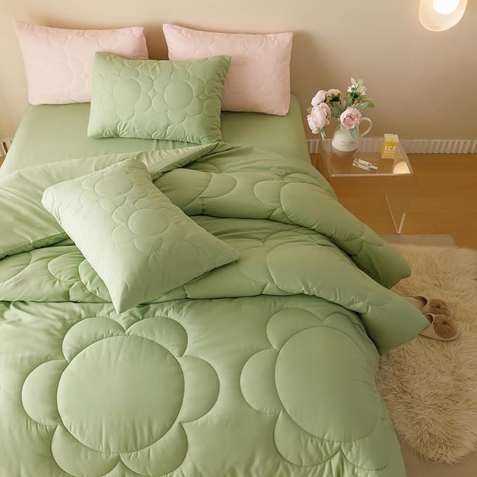 Luxlovery Sage Comforter Set Queen Sunflower Light Green Bedding Comforter Set Queen Size Boho Botanical Big Flowers Quilts Farmhouse Grass Green Comforter for Women Men