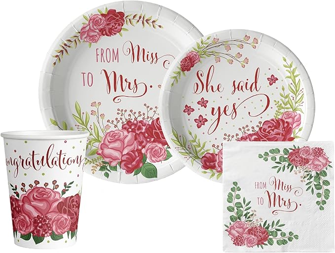 Bridal: From Miss to Mrs (Traditional Rose) Tableware Pack: Disposable Paper Plates, Napkins and Cups Set for 20