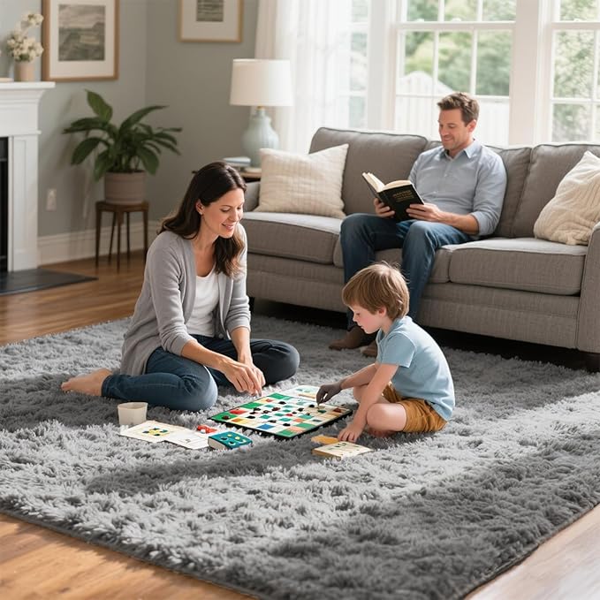 Light Grey Fluffy 9x12 Area Rug for Living Room, Plush Shag Rugs for Bedroom, Large Soft Furry Carpets for Kids Room, Modern Indoor Nursery Carpet for Classroom Dorm Cozy Comfy Home Decor