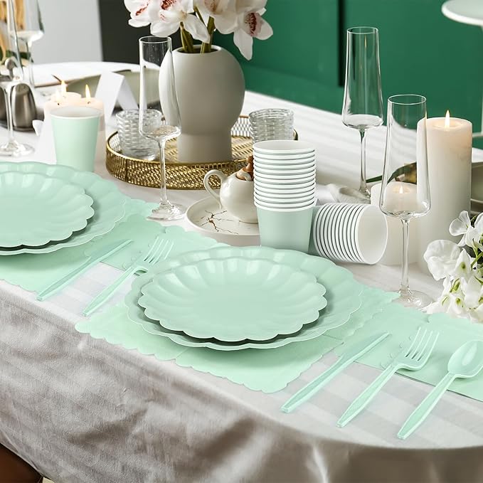 Newtay 350 Pcs Light Green Scalloped Paper Plates Shell Edge Disposable Tableware Cocktail Napkins Cups Plastic Spoons Forks Knives for Wedding Baby Shower Picnic Birthday Party Supply for 50 Guests