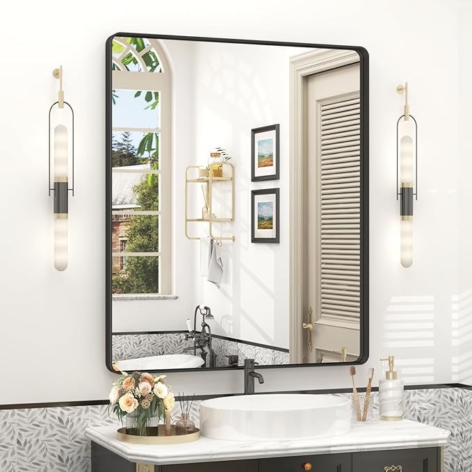30x36 Inch Black Framed Bathroom Mirror for Wall, Matte Black Metal Mirror, Rounded Corner Rectangle Vanity Mirror, Anti-Rust, Shatterproof (Horizontal/Vertical)