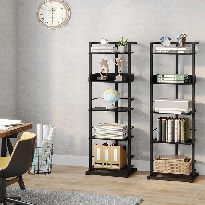 Hosfais Book Shelf Tall Bookshelf: 5 Tier Wood Bookcase with Metal Edge Protection Industrial Narrow Bookshelf Corner Storage Organizer Display Book Rack for Living Room Bedroom Home Office (Black)