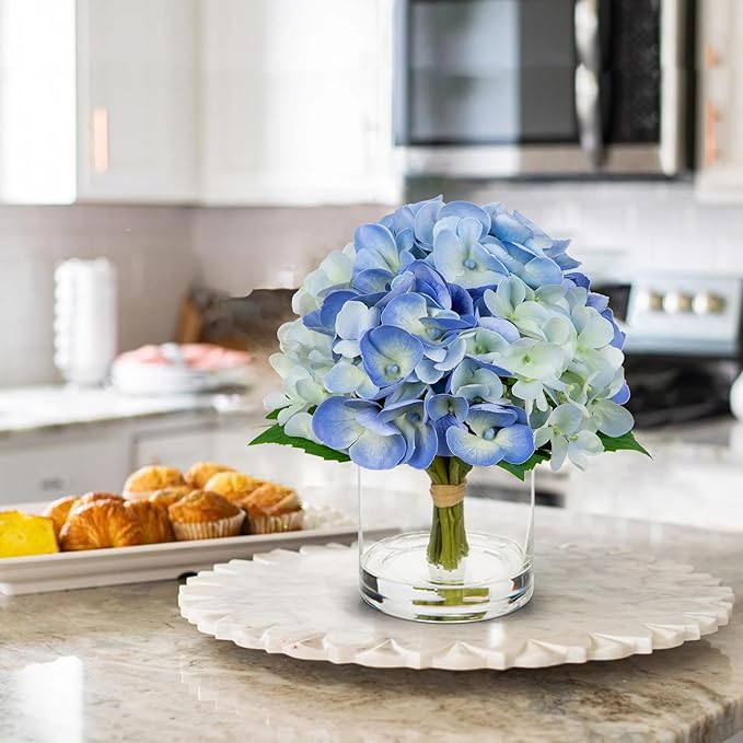 Hollyone Blue Hydrangea Artificial Flowers in Vase Latex Real Touch Small Faux Hydrangea Flowers Arrangements Hydrangeas Fake Flower with Glass Vase with Faux Water for Table Centerpiece Home Decor