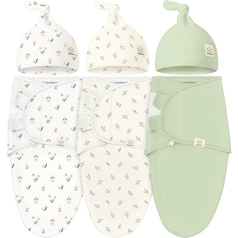 KeaBabies 3-Pack Swaddles for Newborns, Girls, Boys with Hats - Organic Soft Baby Sleep Sacks, Breathable Baby Swaddle 3-6 Months Beanies Set, Premie Infant Sleep Sack 0-3 Months (Fleur)