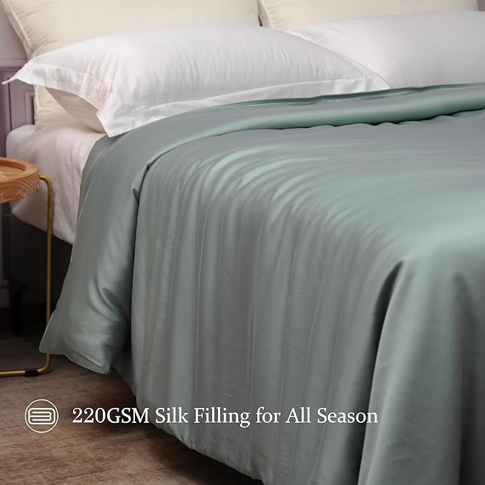 CUDDLE DREAMS Silk Filled Comforter for All Season, Detachable Tencel Duvet Cover for Easy Care, Naturally Breathable (Celadon, Twin)