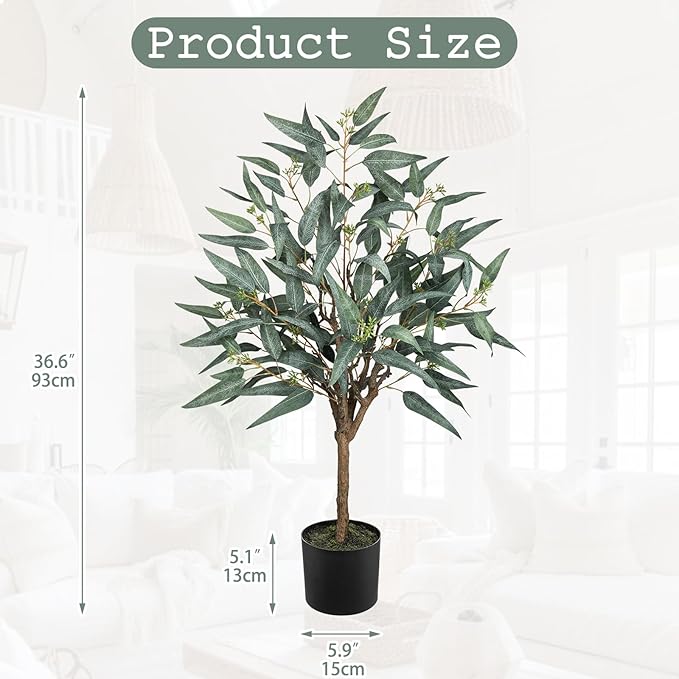 Briful Artificial Eucalyptus Tree Realistic Potted Dutch Faux Eucalyptus Tree in Black Pot 3ft Porch Floor Fake Tree for Home Decor Indoor Outdoor Farmhouse Wedding