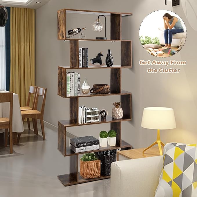Tangkula 6-Tier Geometric Bookcase, Modern S-Shaped Storage Display Bookshelf for Living Room, Anti-Toppling Device, Home Office Wooden 6 Shelf Open Bookcase (1, Coffee)